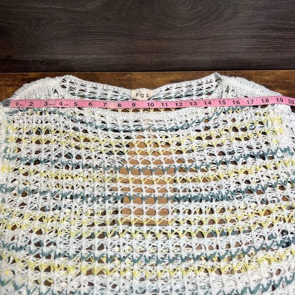 POL Crochet Mesh Knit Boat Neck Top, Fringe, Cream/Yellow/Blue. Small. NWT! - Picture 10 of 11